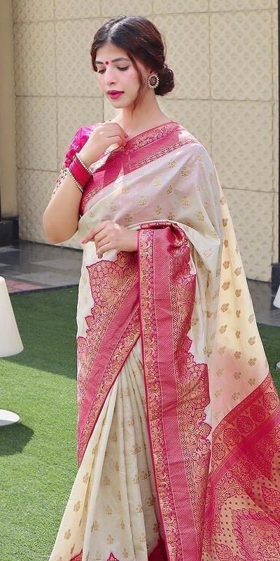 KP 4095 Half White Color Soft Lichi Silk Jacquard Work On All Over Saree Casual, Wedding, Festive, Events . Expected Delivery 4-6 Working Days @1499/- only | Sarees, Bollywood Sarees, Creative Sarees, Designer Sarees, Embroidered Sarees, Ethnic Saree, Modern Digital sarees, Party Wear Sarees
