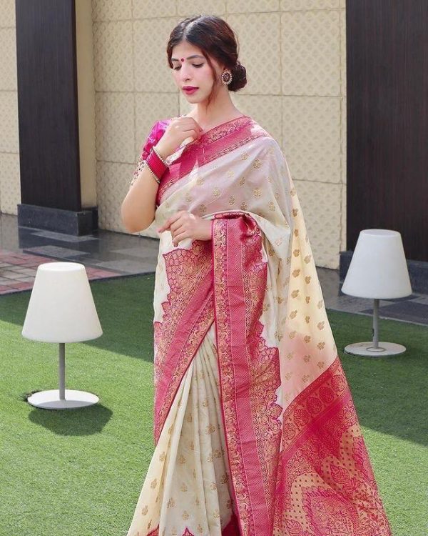 Half White Soft Litchi Silk Jacquard Work On All Over Saree - Image 9