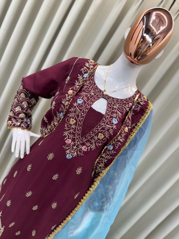Maroon Chinon Sequence Embroidery Work Salwar Suit - Image 2