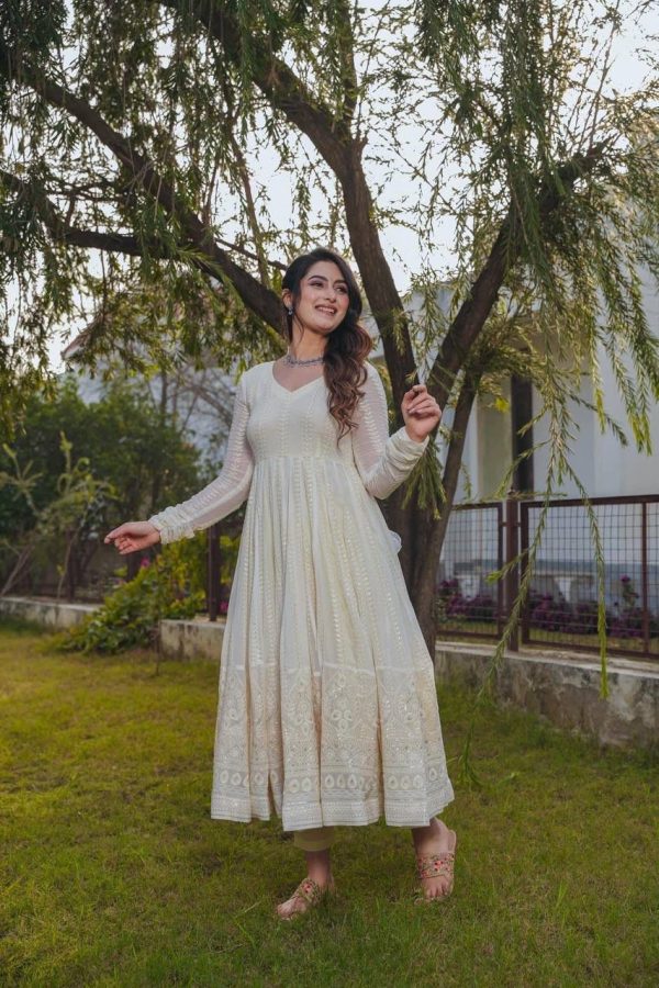 Cream Fox Georgette Embroidery Sequence Anarkali Gown - Image 4