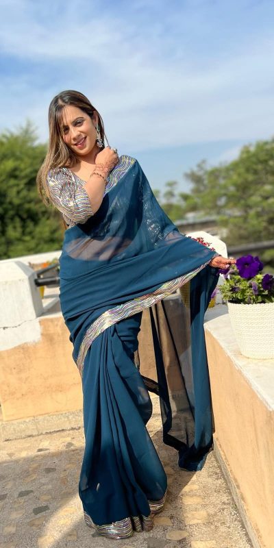 JR 579 Peacock Blue Color Georgette Sequence Work Lace With Peiping Saree Casual, Wedding, Festive, Events . Expected Delivery  4-6 Working Days @1649/- only                                                                                                                                             | Sarees, Bollywood Sarees, Creative Sarees, Designer Sarees, Embroidered Sarees, Ethnic Saree, Modern Digital sarees, Party Wear Sarees