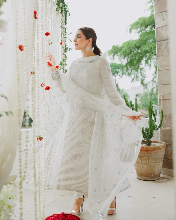 White Faux Georgette Embroidery Sequence Work Salwar Suit - Image 2