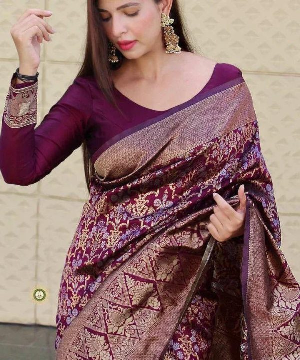 Wine Soft Silk Jacquard Saree - Image 2