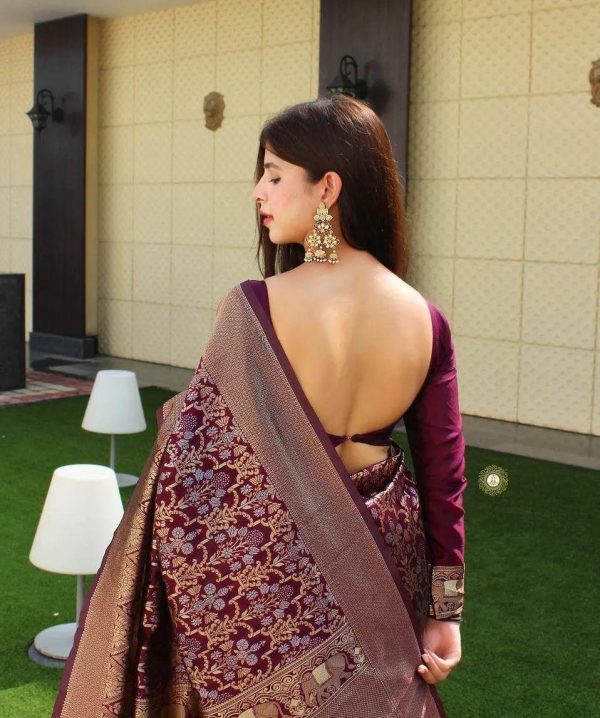 Wine Soft Silk Jacquard Saree - Image 3