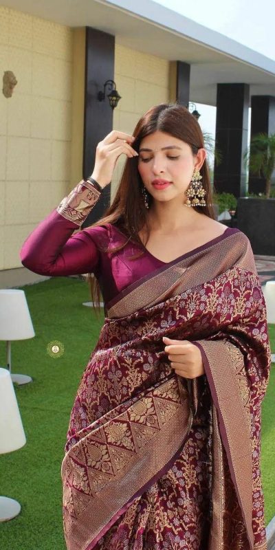 KP 3062 Wine Color Soft Lichi Silk Jacquard Work On All Over Saree Casual, Wedding, Festive, Events . Expected Delivery 4-6 Working Days @1499/- only | Sarees, Bollywood Sarees, Creative Sarees, Designer Sarees, Embroidered Sarees, Ethnic Saree, Modern Digital sarees, Party Wear Sarees