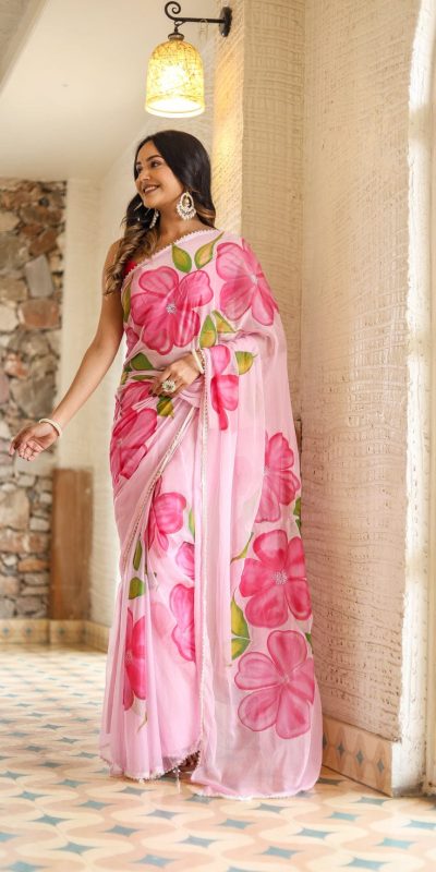 SC 409 Pink Color Pure Soft Georgette Silk All Over Saree Casual, Wedding, Festive, Events . Expected Delivery 4-6 Working Days @1599/- only | Sarees, Bollywood Sarees, Creative Sarees, Designer Sarees, Embroidered Sarees, Ethnic Saree, Modern Digital sarees, Party Wear Sarees