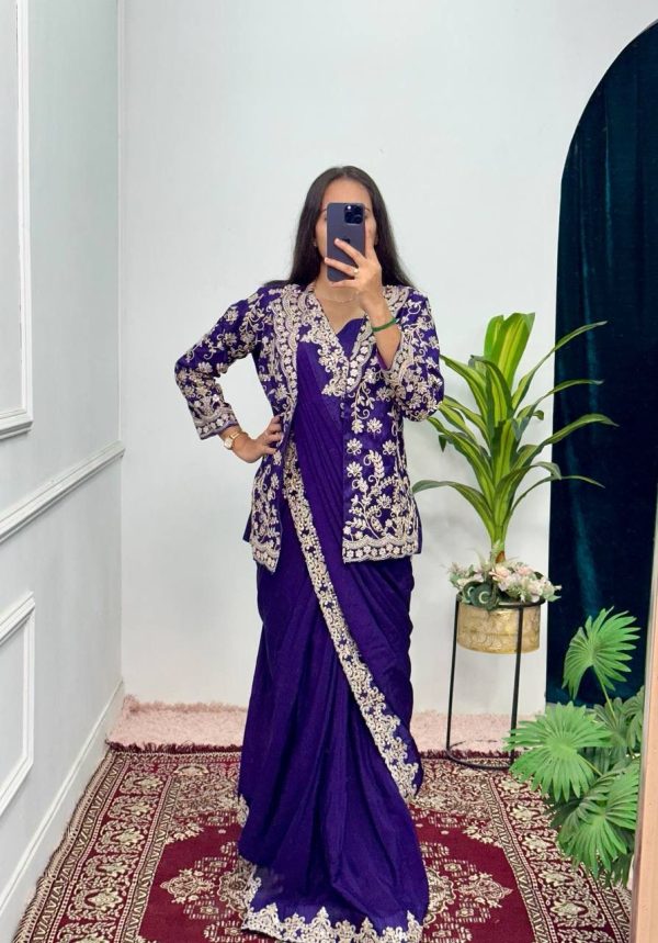 Royal Blue Chinon Work On Koti With Lace Border Saree - Image 4