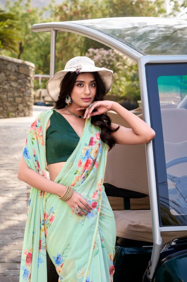 Light Pista Weightless Marble Floral Printed Saree - Image 4