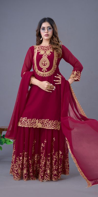 SRK 5242 Red Faux Georgette Embroidery Sequence Work Salwar Suit Casual, Wedding, Party, Festive, Events Etc.4-6 Working Days@ 2099/-only | Jump Suits, Salwar suit, Casual Suits, Creative suits, Designer Suits, Palazzo Suits, Party Wear Suits, Patiala Suits, Straight Suits