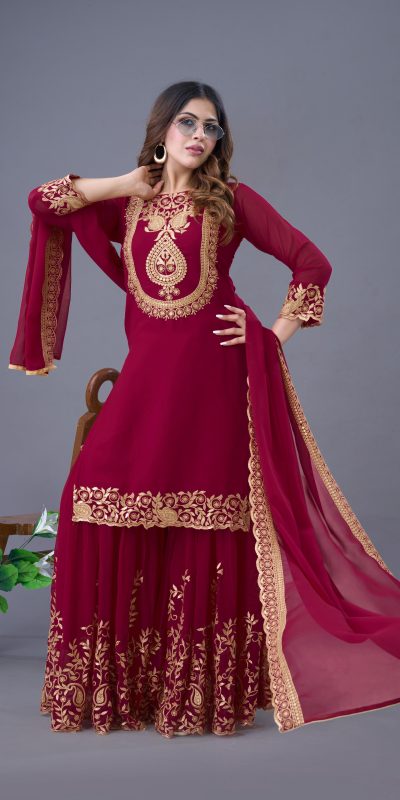 SRK 5242 Red Faux Georgette Embroidery Sequence Work Salwar Suit Casual, Wedding, Party, Festive, Events Etc.4-6 Working Days@ 2099/-only | Jump Suits, Salwar suit, Casual Suits, Creative suits, Designer Suits, Palazzo Suits, Party Wear Suits, Patiala Suits, Straight Suits