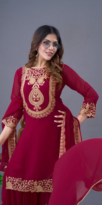 SRK 5242 Red Faux Georgette Embroidery Sequence Work Salwar Suit Casual, Wedding, Party, Festive, Events Etc.4-6 Working Days@ 2099/-only | Jump Suits, Salwar suit, Casual Suits, Creative suits, Designer Suits, Palazzo Suits, Party Wear Suits, Patiala Suits, Straight Suits