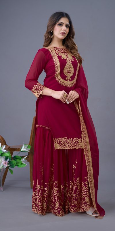 SRK 5242 Red Faux Georgette Embroidery Sequence Work Salwar Suit Casual, Wedding, Party, Festive, Events Etc.4-6 Working Days@ 2099/-only | Jump Suits, Salwar suit, Casual Suits, Creative suits, Designer Suits, Palazzo Suits, Party Wear Suits, Patiala Suits, Straight Suits