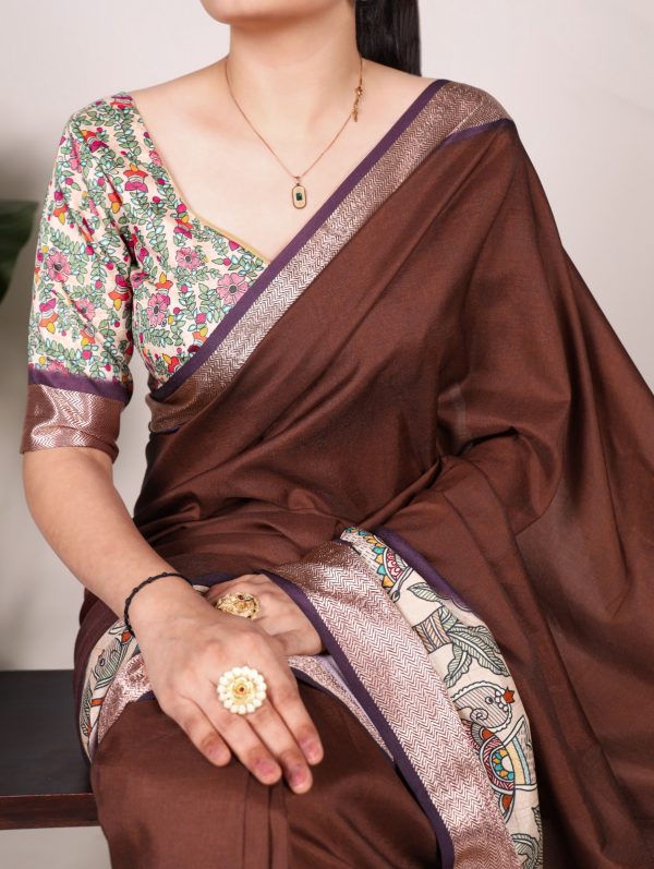 Coffee Tussar Silk With Viscose Border Printed Saree - Image 2