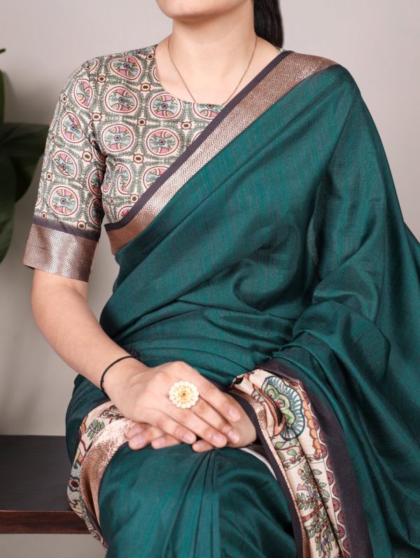 Attractive Peacock Blue Color Tussar Silk With Viscose Border Printed Saree