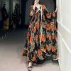 Orange Georgette Floral Printed Paper Mirror Lace Gown