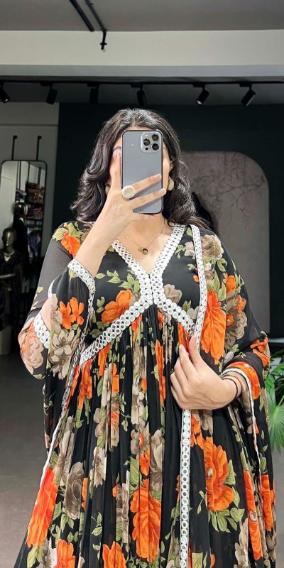 YNF 5040 Orange Color Georgette Floral Printed Paper Mirror Lace Gown , Wedding, Party, Festive, Events Etc. Expected Delivery 4-6 Working Days @1899/- | Gowns, Bollywood Gowns, Creative Gowns, Designer Gowns, Embroidered Gowns, Party Wear Gowns