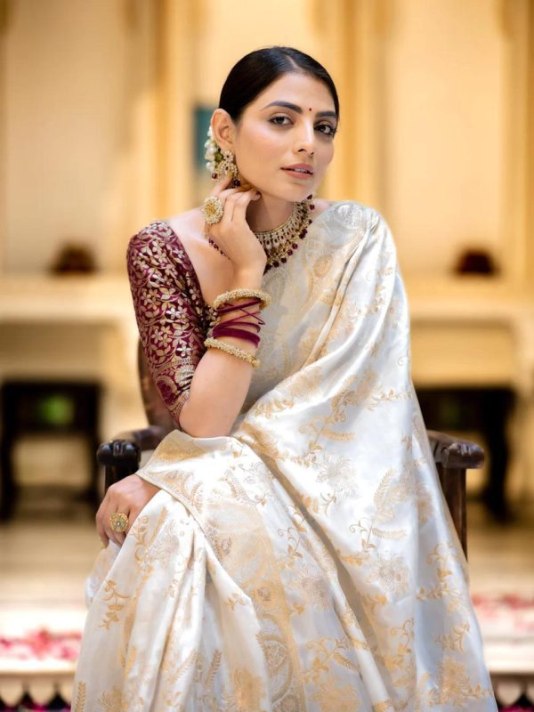 White Soft Litchi Silk All Over Weaving Saree - Image 2