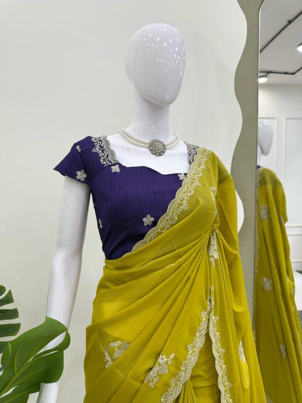 Mustard Yellow Tesla Chiffon Thread Work Saree - Image 2
