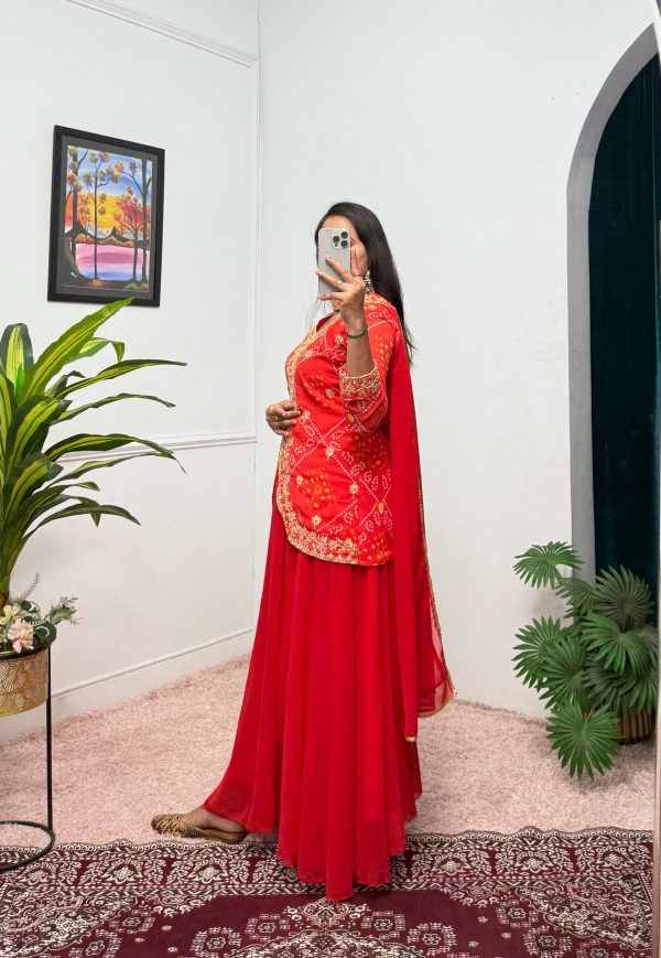Red Printed Faux Georgette Embroidery Work Salwar Suit - Image 2