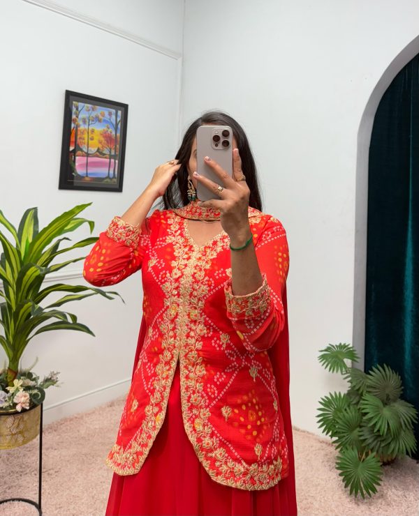 Red Printed Faux Georgette Embroidery Work Salwar Suit - Image 3