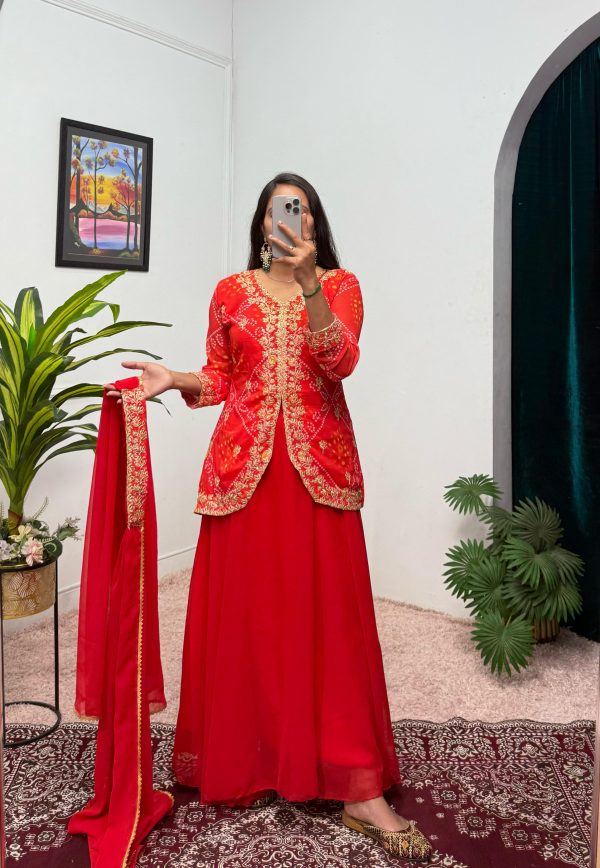Red Printed Faux Georgette Embroidery Work Salwar Suit - Image 4