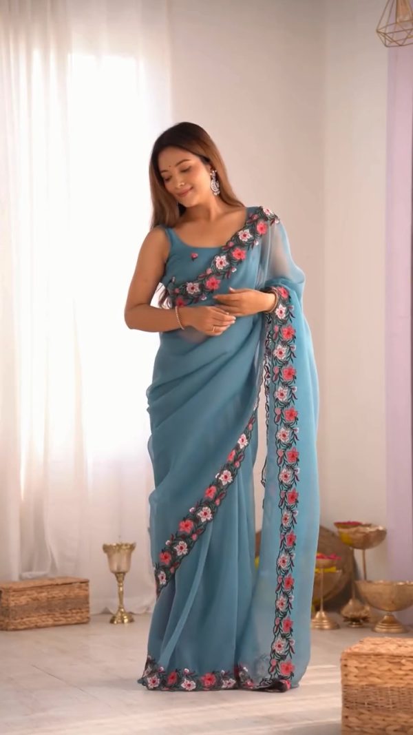 Classic Sky Blue Color Georgette Pastel Embroidery Multi Work Saree