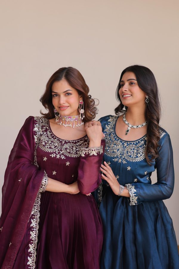 Wine Silk Sequence Work Gown - Image 4