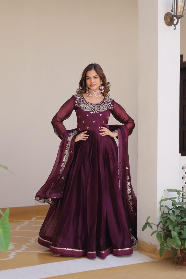 Wine Silk Sequence Work Gown - Image 5