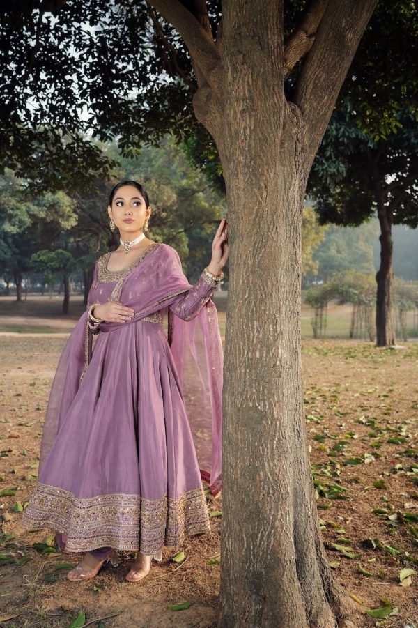 Cool Light Purple Color Roman Silk Embroidery Sequence Work Gown