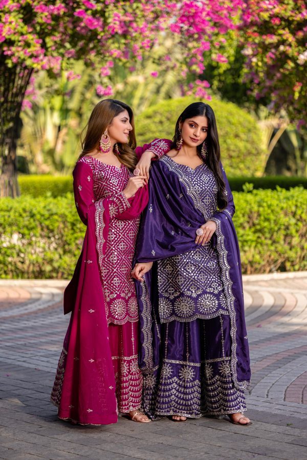Royal Purple Chinon Thread Sequence Work Salwar Suit - Image 3