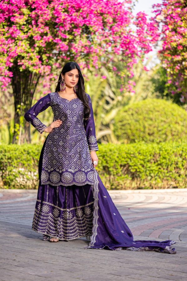 Royal Purple Chinon Thread Sequence Work Salwar Suit - Image 4