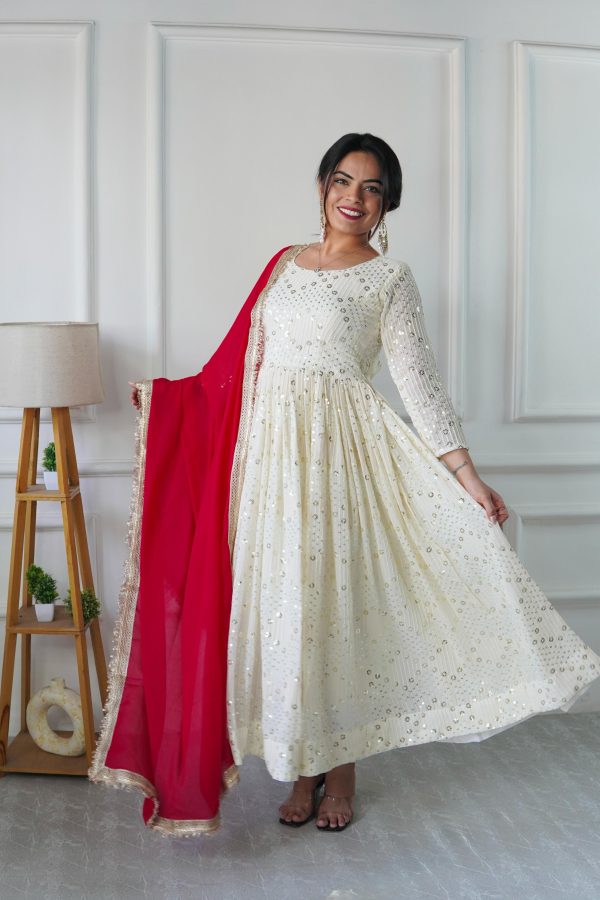 Half White Georgette Embroidery Work Gown - Image 3