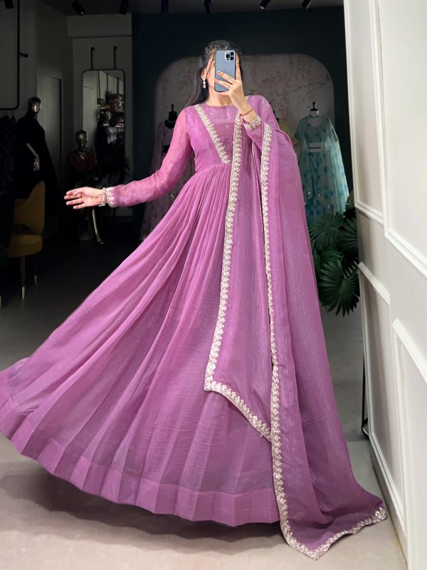 Purple Silver Glory Hotfix Sequins Thread Work Gown - Image 2