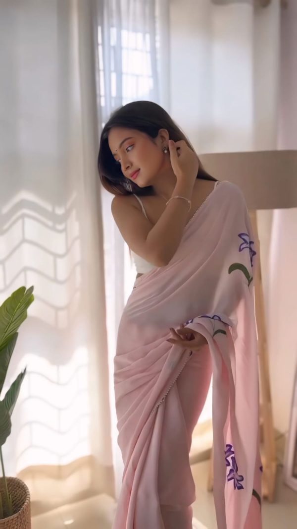 Pink Soft Georgette Silk Pari Work Saree - Image 2