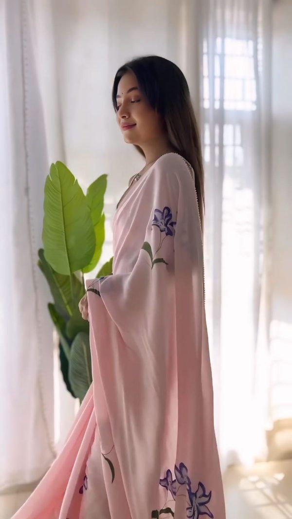 Pink Soft Georgette Silk Pari Work Saree - Image 3
