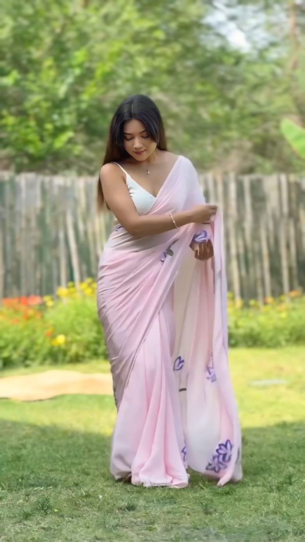 Pink Soft Georgette Silk Pari Work Saree - Image 4