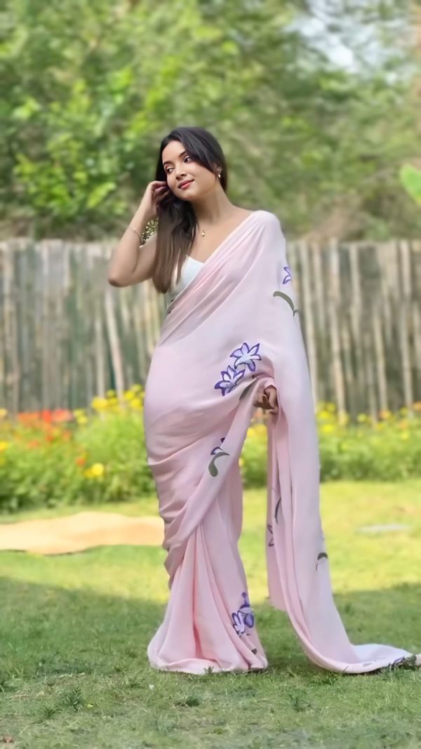 Pink Soft Georgette Silk Pari Work Saree - Image 5