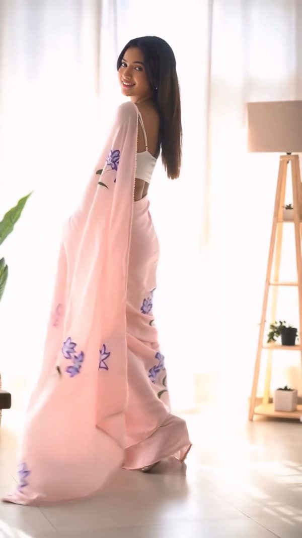 Pink Soft Georgette Silk Pari Work Saree - Image 6