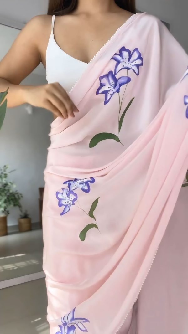 Pink Soft Georgette Silk Pari Work Saree - Image 7