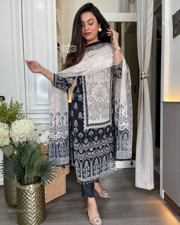 White Chinon Printed Mirror Work Salwar Suit - Image 5