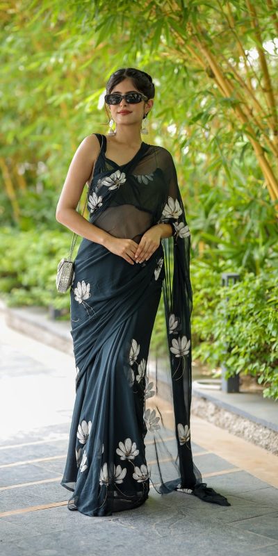 SC 411 Black Color Soft Georgette Silk All Over Saree Casual, Wedding, Festive, Events . Expected Delivery 4-6 Working Days @1599/- only | Sarees, Bollywood Sarees, Creative Sarees, Designer Sarees, Embroidered Sarees, Ethnic Saree, Modern Digital sarees, Party Wear Sarees