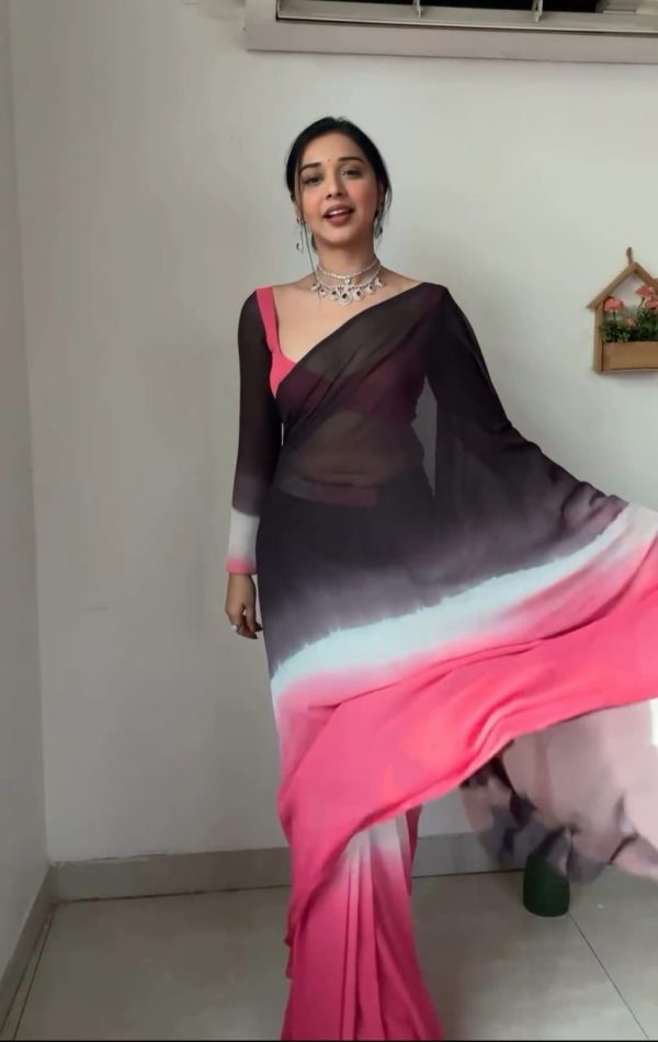 Black and Pink Soft Georgette Silk Ready To Wear Saree - Image 4