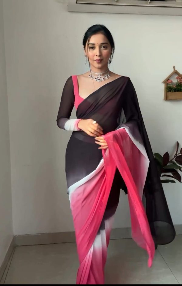 Black and Pink Soft Georgette Silk Ready To Wear Saree - Image 5