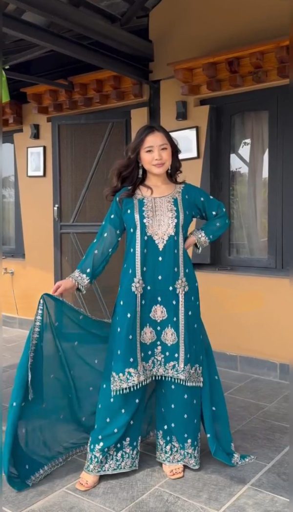 Blue Chinon Embroidery Work Moti Lace Salwar Suit - Image 2