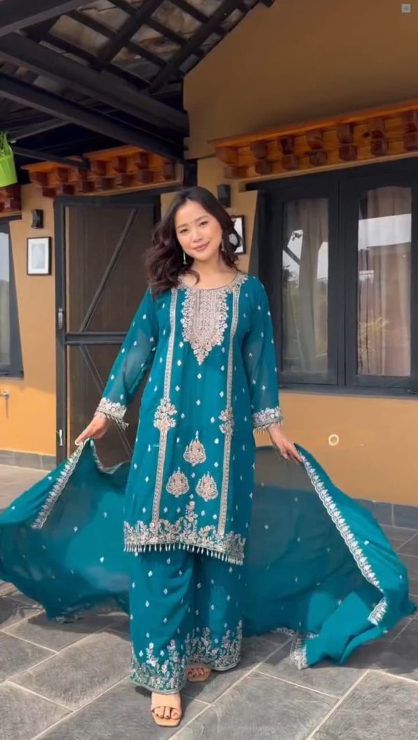 Blue Chinon Embroidery Work Moti Lace Salwar Suit - Image 3