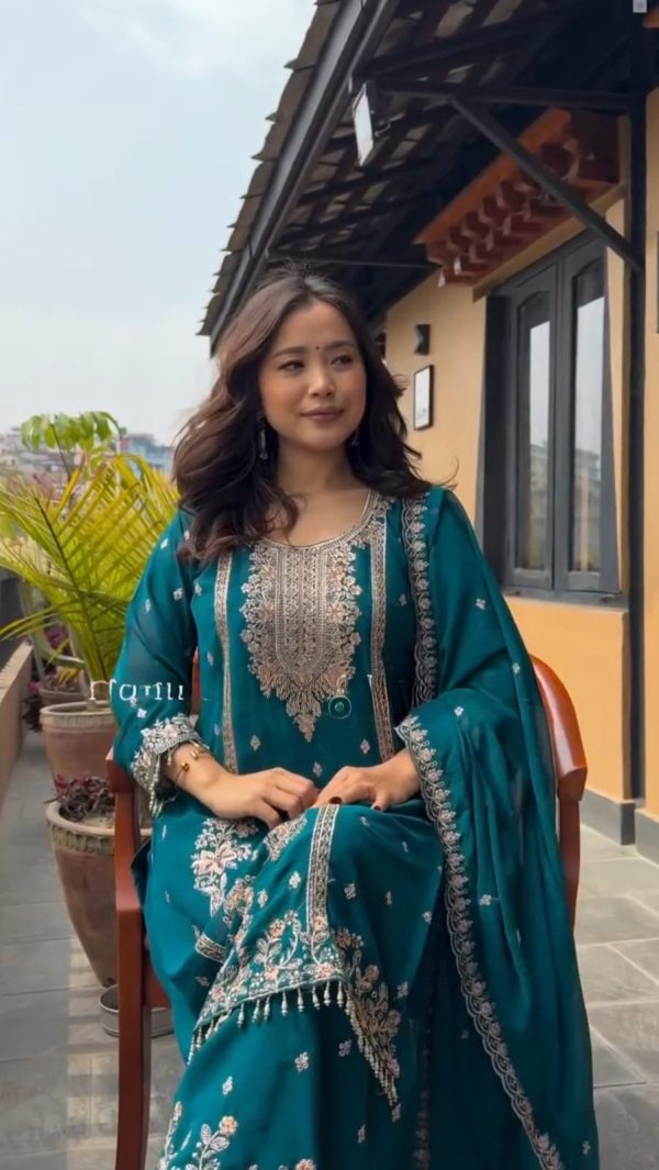 Blue Chinon Embroidery Work Moti Lace Salwar Suit - Image 4