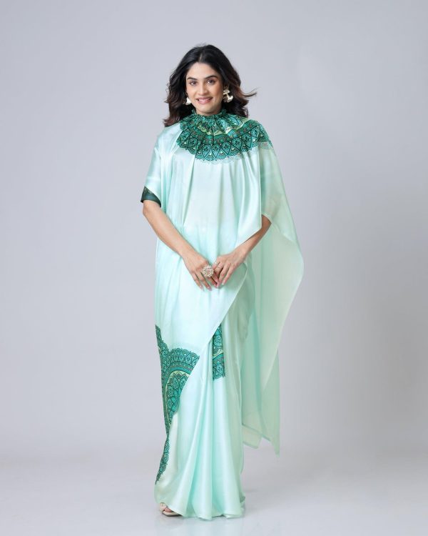 Sea Green Japan Satin Digital Print Work Saree - Image 5