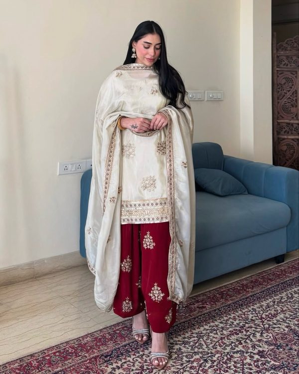 White Chinon Silk With Embroidery Work Salwar Suit - Image 2