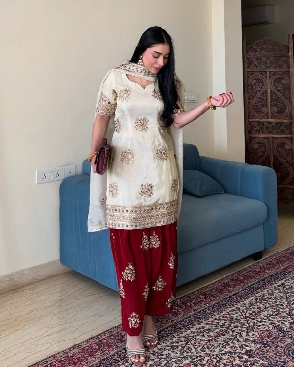 White Chinon Silk With Embroidery Work Salwar Suit - Image 3