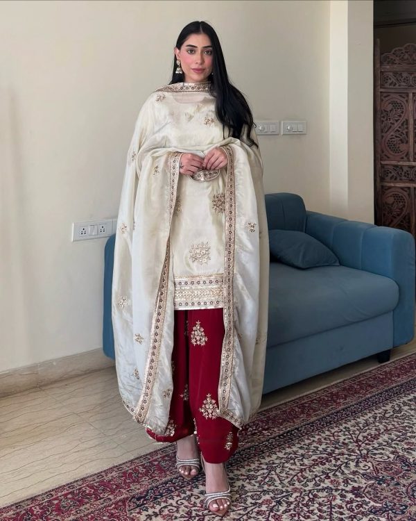 White Chinon Silk With Embroidery Work Salwar Suit - Image 4